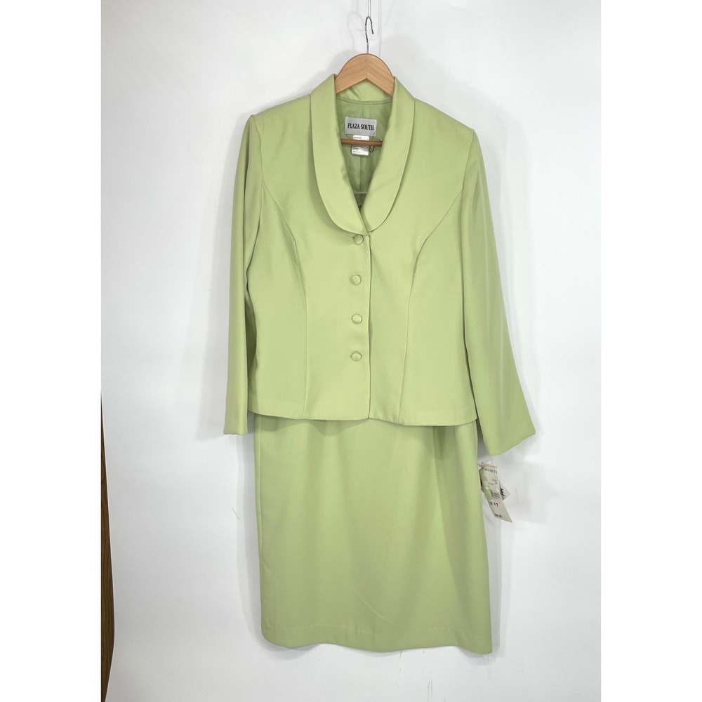 NOS Plaza South Womens Skirt Suit 14 Blazer Midi Set Lime Green Shawl Collar